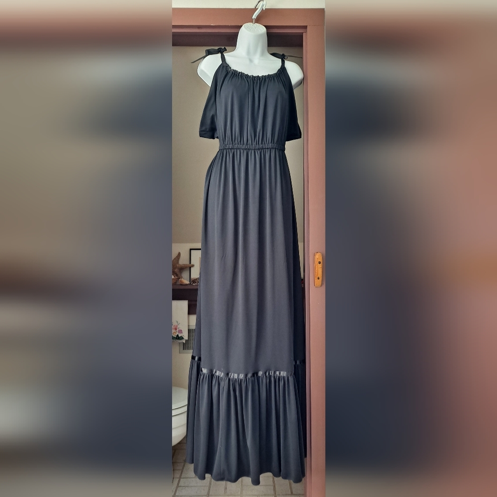 ACT I New York Black Ruffled Floor Length Vintage 1970's Spaghetti Strap Dress